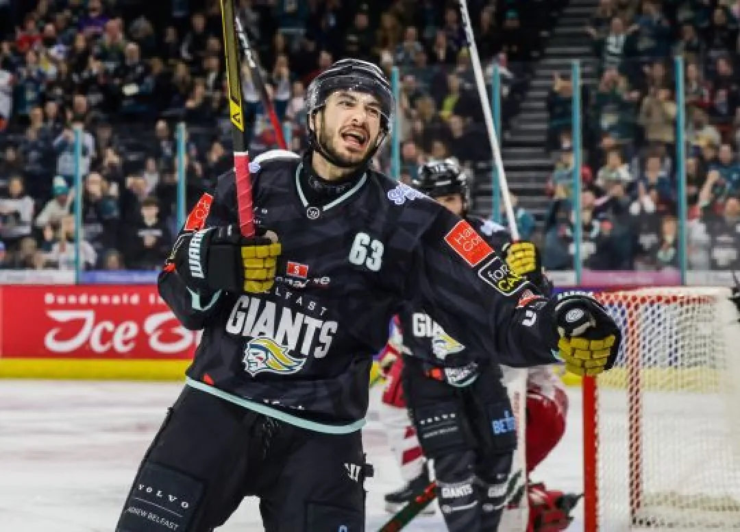 Belfast Giants player Jake Gaudet celebrates a goal
