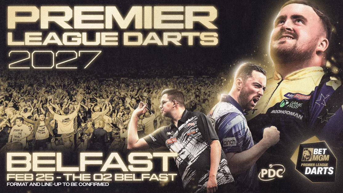 Promotional image for 2027 Premier League Darts event at The O2 Belfast