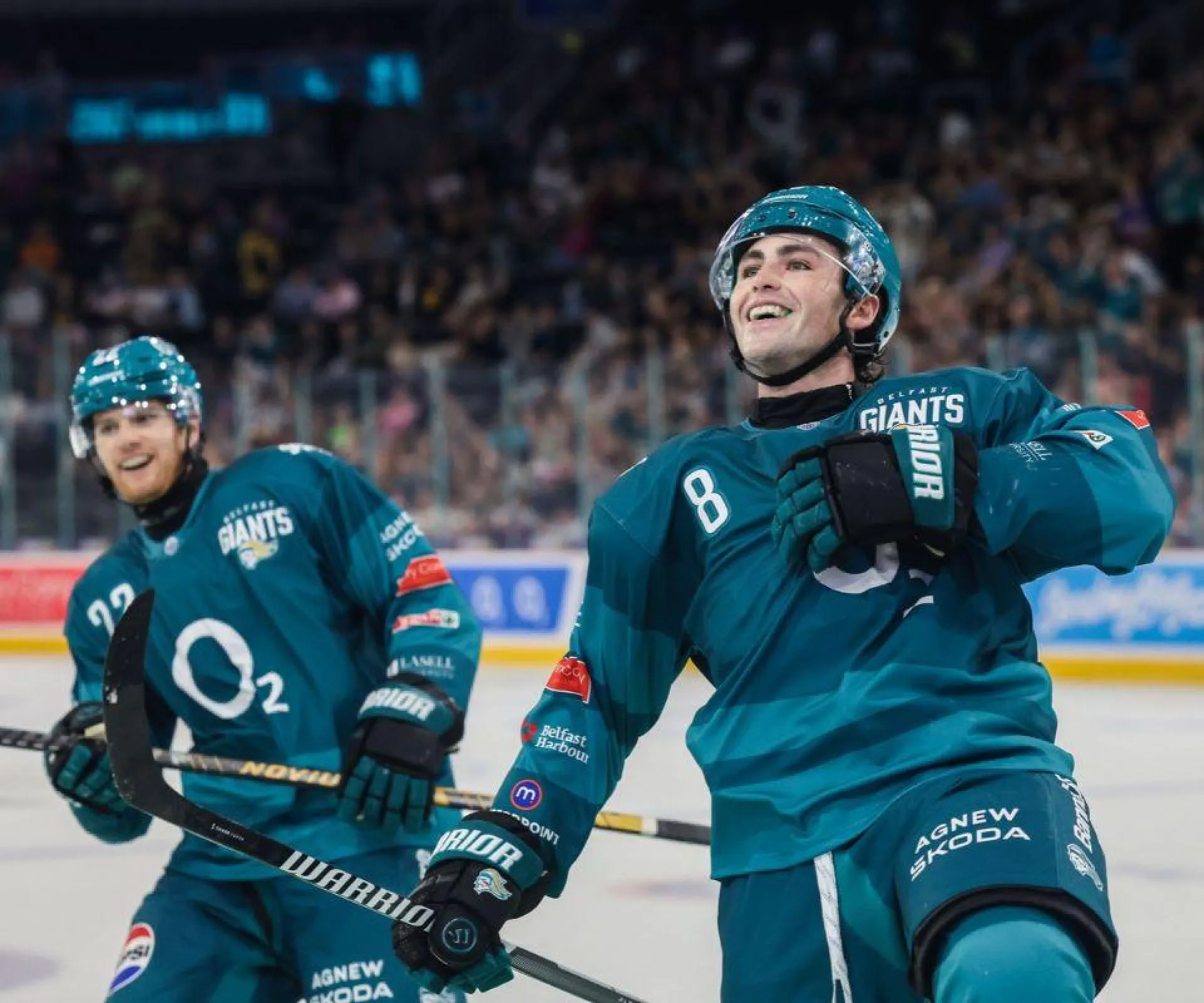 Belfast Giants players celebrate a goal on the ice at The O2 Belfast